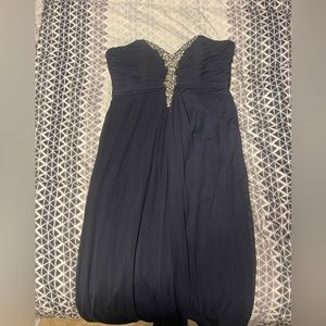 Navy blue strapless prom dress with silver sequins